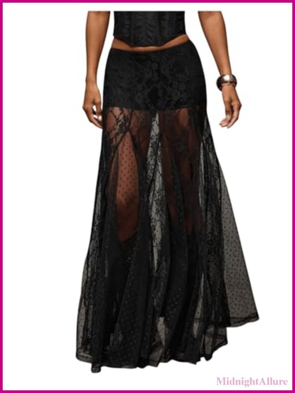 Sheer Lace Maxi Skirt Low Rise Elastic Waist Flowy See Through